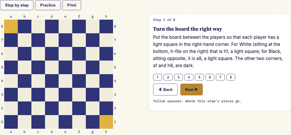 Chess board setup example
