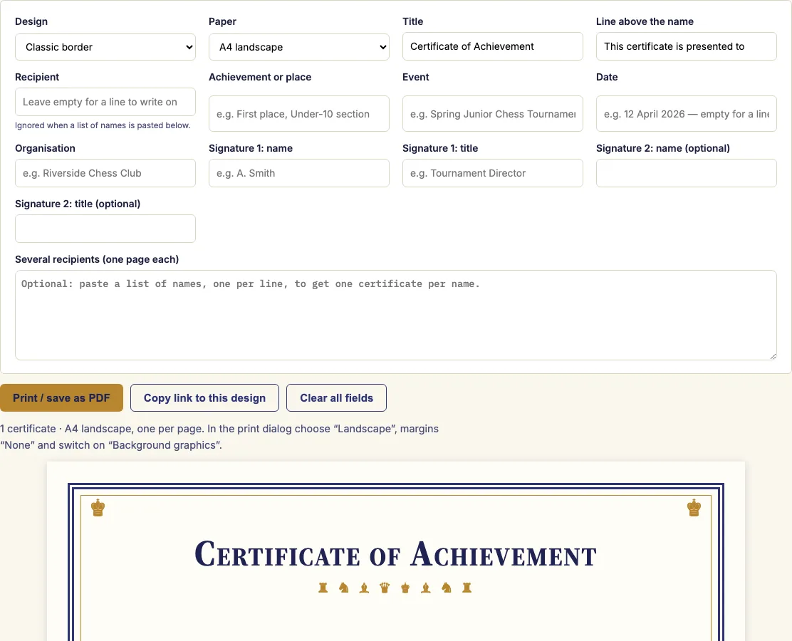 Certificate chess example