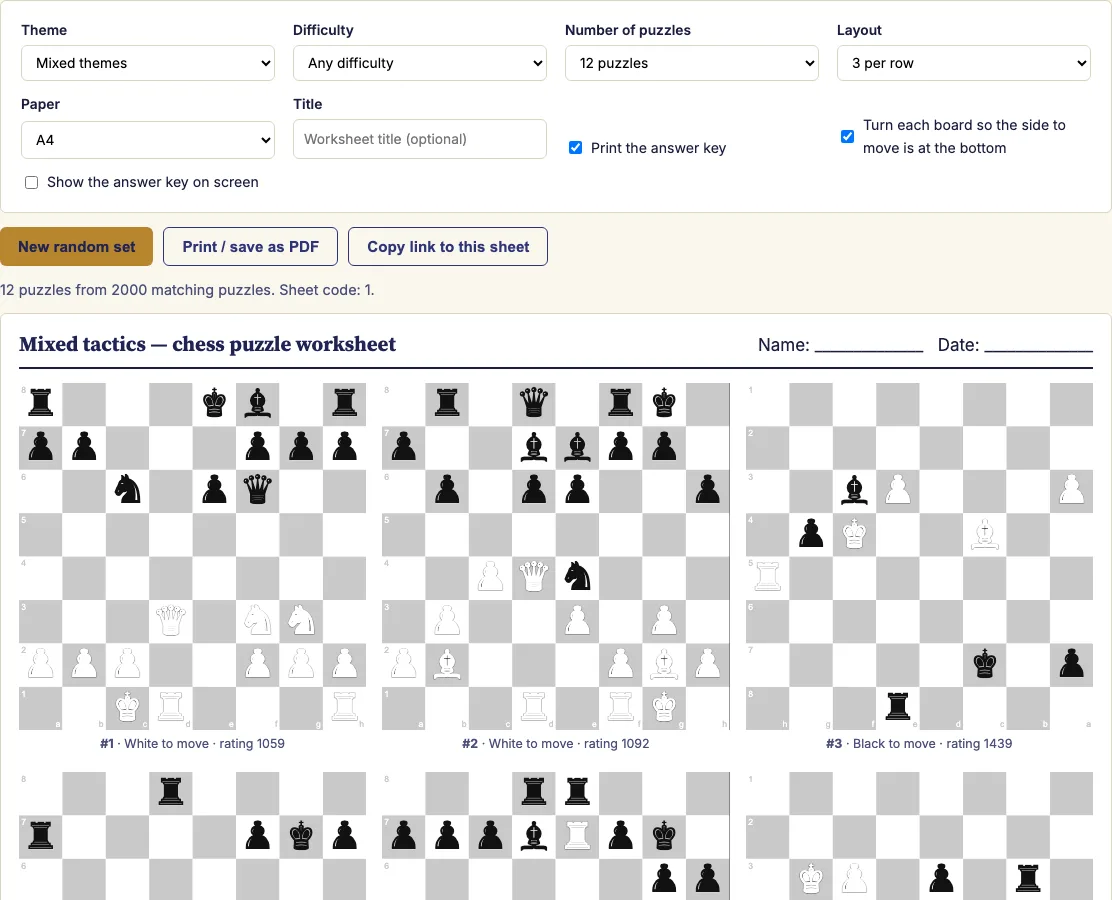 Chess worksheets example